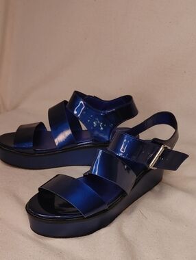 Patent Leather Electric‎ Navy Blue Platform Sandals - Women's Strappy Buckle